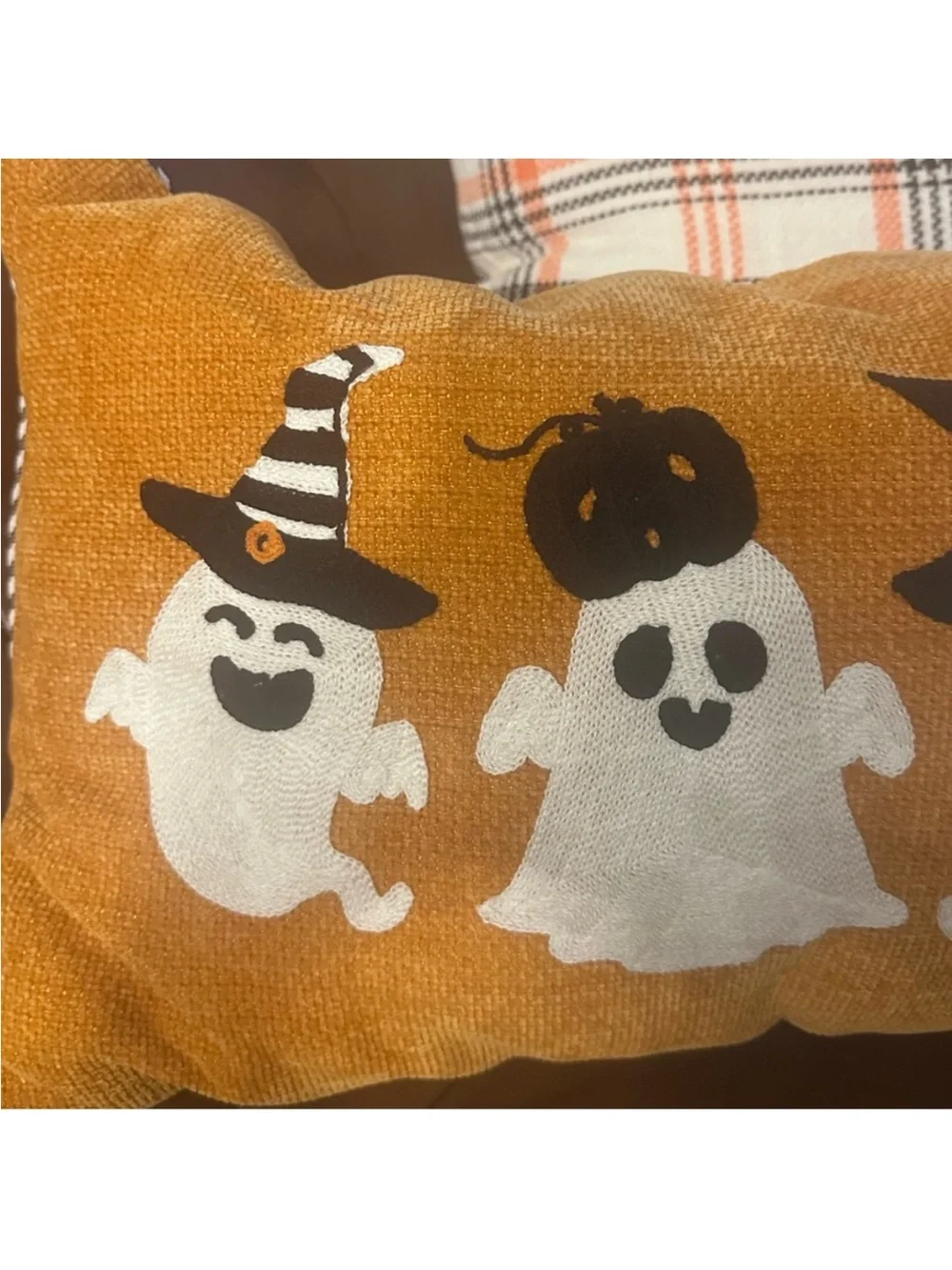 Halloween Ghost Embroidered Lumbar Throw Pillow Orange Witchy Fall Decor